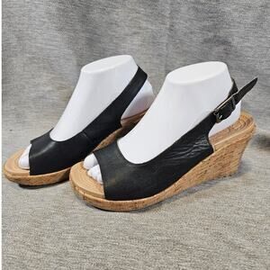 Crocs Womens A Leigh Cork Wedge Sandals Slingback Peep-Toe Black Faux Leather S7